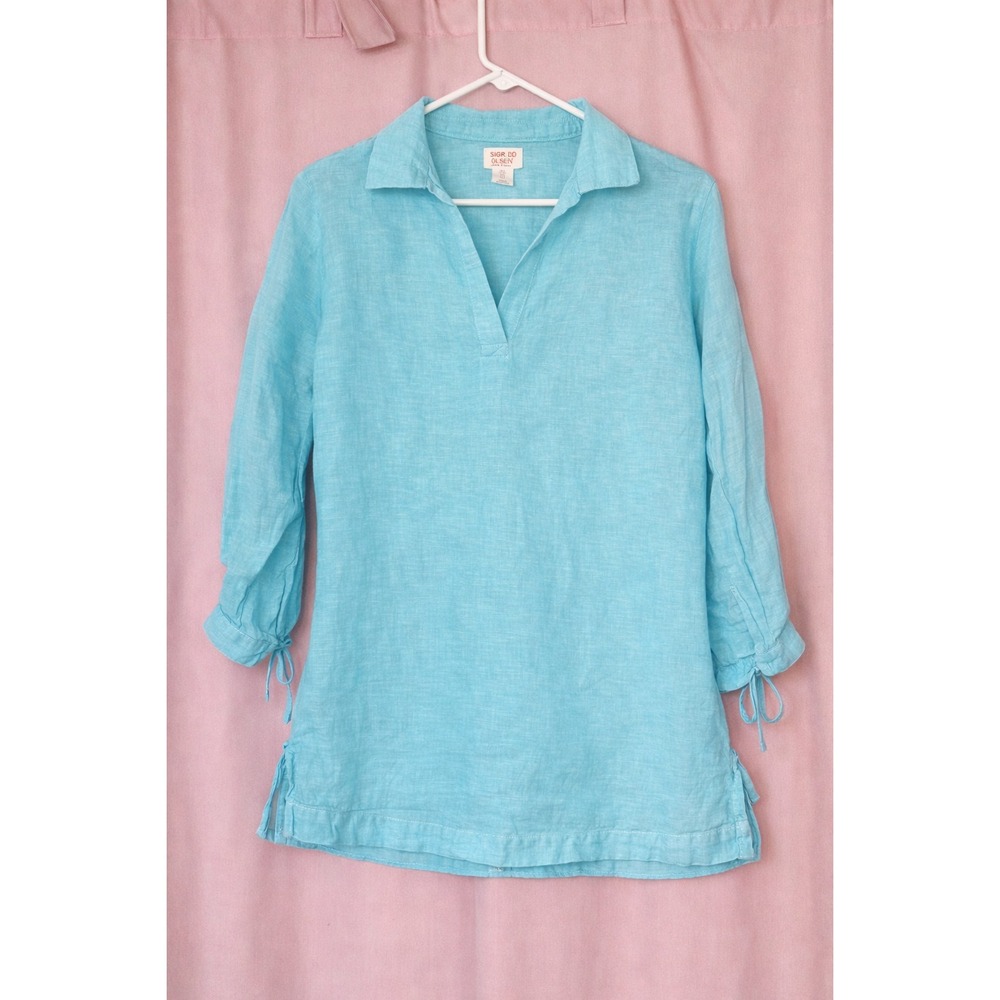 Sigrid Olsen 100% Linen Teal Tunic S Coastal Beach Airy‎ Euro Summer Resort Top